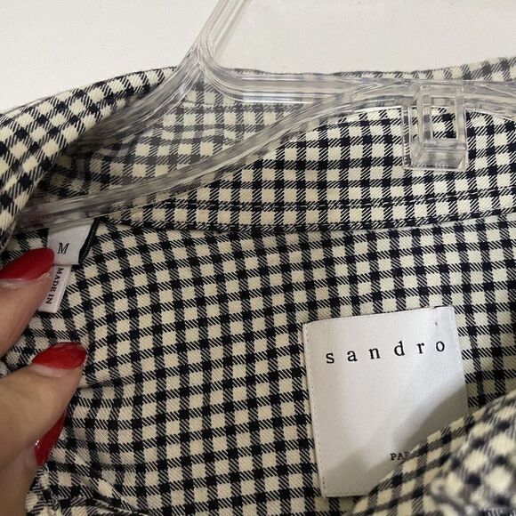 SANDRO Paris black white gingham plaid button down collared shirt medium - Picture 2 of 7